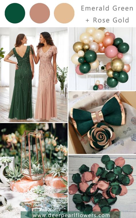 Forest Green Rose Gold Wedding, Emerald Green And Rose Gold Wedding Color Schemes, Emerald And Coral Wedding, Dark Green And Rose Gold Wedding, Rose Gold Green Wedding, Emerald Green And Rose Gold Wedding Decor, Wedding Color Trends 2025, Rose Gold And Sage Green Wedding, Emerald Green Blush And Gold Wedding