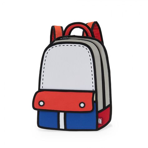 Handbags look like cartoon drawings - Boing Boing 2d Backpack, Jump From Paper, 2d Bags, Adventure Cartoon, Cartoon Backpack, Adventure Backpack, Cartoon Bag, Red Backpack, Kids Adventure