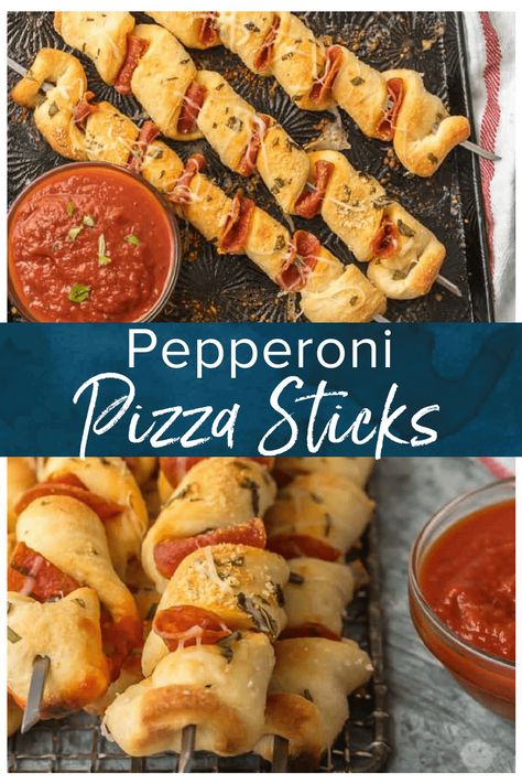 PIZZA STICKS are always a hit with both kids and adults. There's nothing quite as fun as Pizza on a Stick! We made pepperoni pizza sticks, but you can do any flavor combination! These are so fun and EASY for snacks or party appetizers! Pizza Sticks Recipe, Fun Food For Adults, Easy Picky Foods For Party, Hockey Game Snacks, Birthday Appetizer Ideas For Adults, Pasta On A Stick, Pizza On A Stick, Hockey Appetizers, Pizza Skewers