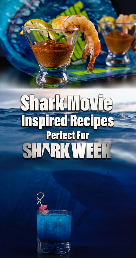 From 47 Meters Down to Jaws, The Geeks have rounded up some shark movie inspired recipes perfect for celebrating Shark Week and sinking your teeth into! 2geekswhoeat.com #SharkWeek #SharkWeek2020 #HorrorRecipes #Horror MovieRecipes #PartyIdeas #Jaws #Sharknado #47MetersDown #CocktailRecipes #DessertRecipes #MainDishRecipes Shark Themed Food For Adults, Shark Week Meals, Shark Themed Appetizers, Shark Dinner Ideas, Shark Week Themed Food, Shark Week Party Food Ideas, Shark Week Food Dinner, Jaws Themed Food, Jaws Party Ideas