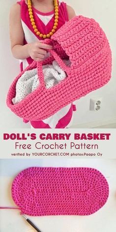 Crochet Doll Clothes Free Pattern, Baby Doll Bed, Crochet Doll Clothes Patterns, Crochet Basket Pattern Free, Crochet Toys Free, Crochet Basket Pattern, Crochet Doll Clothes, Baby Doll Clothes, Crochet Purse