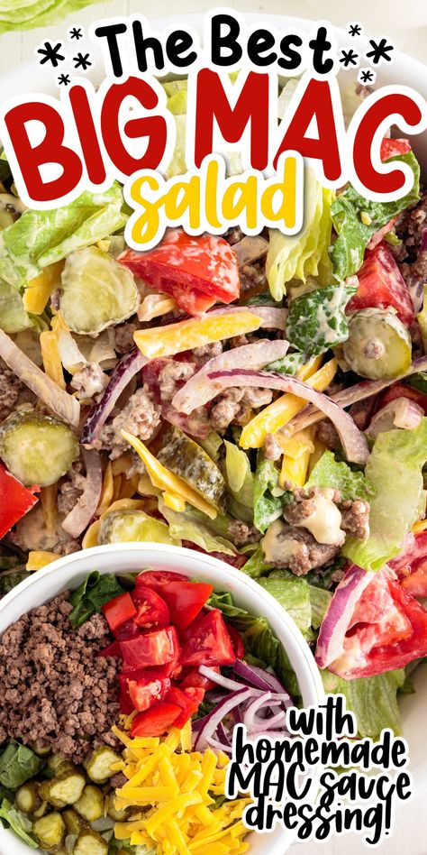 This cheeseburger salad recipe is just like a Big Mac except in salad form. It has all of the flavors of a Big Mac but uses simple ingredients that are healthy and even suitable for the low carb diet. Big Mac Salad Dressing, Big Mac Salad Recipe, Cheeseburger Salad Recipe, Mac Salad Recipe, Cheeseburger Salad, Summer Pasta Salad Recipes, Big Mac Salad, Burger Salad, Layered Salad Recipes