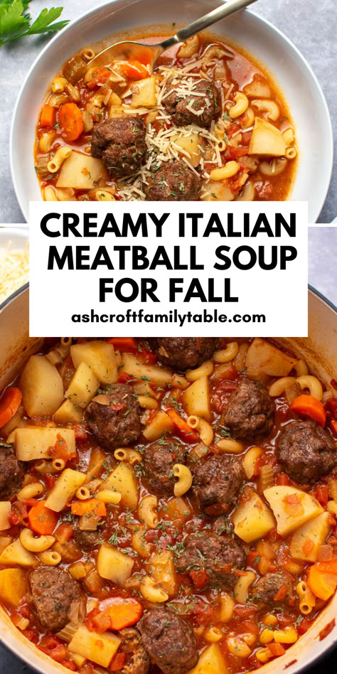 Creamy Italian meatball soup with noodles served for a fall dinner. Easy Italian Meatball Soup, Creamy Italian Meatball Soup, Fall Meals Dinners Ground Beef, Creamy Meatball Soup, Italian Meatball Soup Recipes, Fall Crockpot Soup Recipes, Meatball Soup Crockpot, Easy Fall Soup Recipes, Fall Soups And Stews