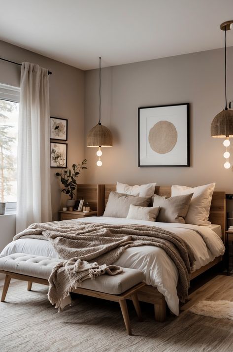 25 Modern Cozy Bedroom Neutral Decor Ideas for a Serene Retreat » Comfy Ideas Cosy Bedroom Ideas Aesthetic, Brown Neutral Bedroom, Bedroom Decor 2024, One Window Bedroom Ideas, Light Wood Bedroom Ideas, Relaxing Master Bedrooms Decor, Small Room King Size Bed Ideas, White And Taupe Bedroom, Cozy Master Room