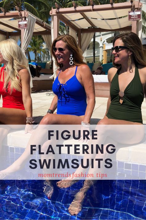 Figure flattering swimsuits for women. The best swimsuits for moms that will make you look and feel fabulous. MomTrends.com #summerstyle #summerfashion #momfashion #swimsuit #swimwear Flattering Swimwear For Big Thighs, Swimsuits For Big Bellies, Swimwear For Women Over 60 Bathing Suits, Swimsuits 2023 Trends Over 50, Mom Swim Outfit, Bathing Suits For Women In Their 40's, Womens Swimwear One Piece, Swimsuits For 50 Year Old Women, Best Bathing Suits For Women Over 40