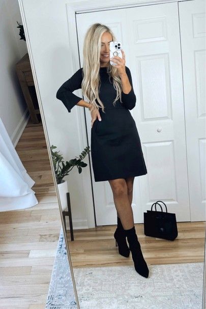 Casual Fall Black Dress Outfit, Dress And Boots Office Outfit, Sock Boots Outfit Dress, Fall Work Dresses, Black Dress With Boots Outfit, Black Booties Outfit Work, Work Outfit With Boots, Black Dress With Tights And Boots, Black Ankle Boots Outfit Dressy