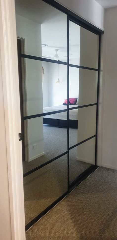 Black Closet Mirror Doors, Diy Mirror Cupboard Doors, Mirror Cupboard Doors, Black Mirror Closet Doors, Black Mirror Wardrobe, Mirror Cupboard Bedroom, Black Mirrored Wardrobe, 3 Panel Mirror, Slide Bedroom