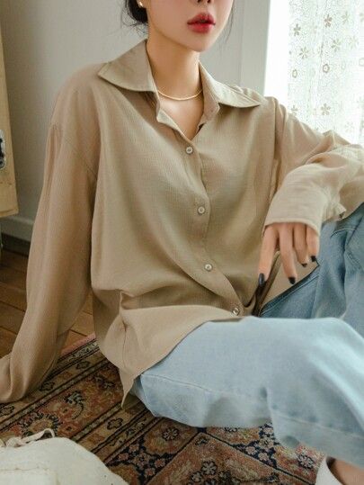 DAZY Drop Shoulder Button Up Blouse | SHEIN USA Khaki Shirt, Plain Shirt, Grey Boots, Girl Shirt, Plain Shirts, Button Up Blouse, Women Blouses, Vintage Style Outfits, Pretty Jewellery