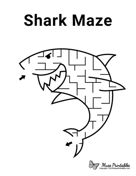 Free printable shark maze. Download it at https://museprintables.com/download/maze/shark/ Shark Worksheet, Shark Week Crafts, Shark Printables, Mazes For Kids Printable, Shark Activities, Shark Week Party, Maze Activity, Shark Themed Birthday Party, Ocean Unit