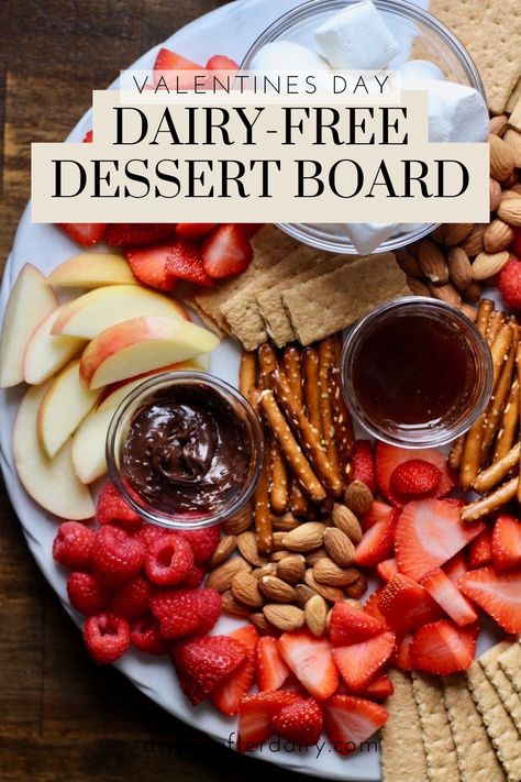 Learn how to make this delicious and decadent dairy-free dessert board for your next date-night in. This simple dessert grazing board is loaded with dairy-free sweets and treats that are perfect for everyone. This simple platter features a dairy-free salted caramel, chocolate hazelnut spread, vanilla yogurt dip, and more! Valentines Day Dessert, Vegan Nutella, Dessert Board, Caramel Dip, Scones Ingredients, Grazing Board, Dairy Free Yogurt, Recipe Cover, Yogurt Dip