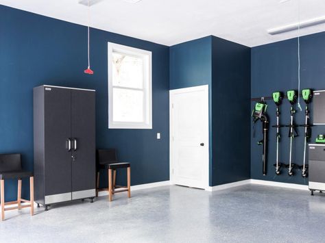 Garage Colours Interior, Painting Garage Walls Ideas, Garage Design Interior Paint Colors, Garage Interior Paint Color Ideas, Garage Interior Colors, Garage Color Ideas Interior, Blue Garage Walls, Garage Colors Wall Ideas Paint, Garage Gym Paint Colors