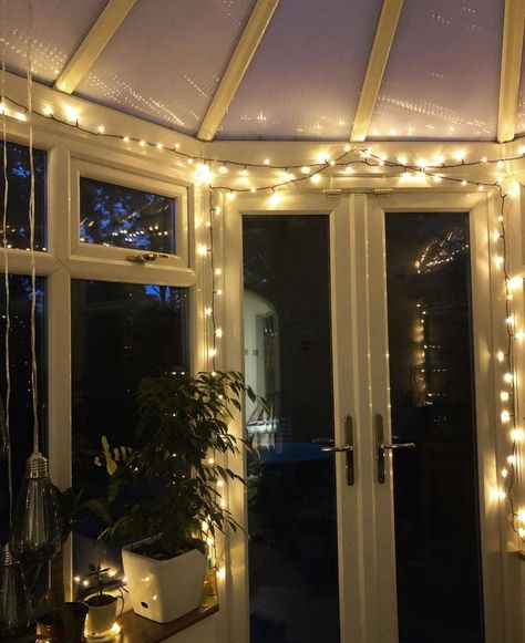 Fairy Lights Conservatory, Conservatory Fairy Lights, Christmas Conservatory Ideas, Conservatory Lighting, Conservatory Decor, Conservatory Interior, Number 10, Tiny House Decor, House Numbers