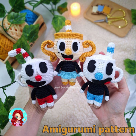 This is a digital file to make the Cuphead, Mugman and Ms. Chalice amigurumi doll.

Using the materials recommended in the pattern, the dolls are approximately 12 cm (4,72 inches) tall, excluding the straws.

There are written instructions along with many photos for reference. It's a very adequate project for basic level.

You are acquiring a digital good (PDF file), not the finished products.
Once purchased, the pattern will be available on your Downloads page. Cuphead Crochet Pattern, Ms Chalice, Cuphead And Mugman, Knitted Socks, Digital Goods, Amigurumi Doll, Pattern Free, Amigurumi Pattern, Knitting Socks