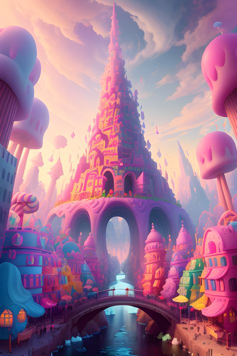 Sweet Fantasy Surreal Candy City - Pixabay Candy Fantasy Land, Fantasy City Illustration, Candy Background Aesthetic, Candy World Illustration, Candy City, Candy Forest, Surreal City, Candy Illustration, Fantasy Samurai