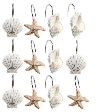 Bathroom Beach Theme, Seashell Shower Curtain, Bath Shower Curtain, Beach Shower Curtains, Bathroom Beach, Beach Theme Bathroom, Shell Decorations, Beach Shower, Shower Hooks