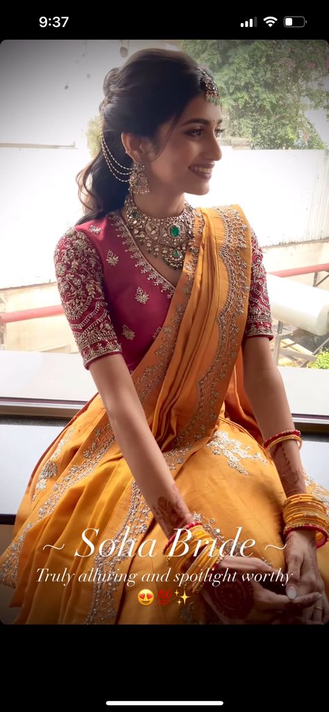 Jewellery On Pattu Saree, South Indian Haldi Look, Jewellery For Half Saree, Pattu Saree Lehenga Designs, South Indian Haldi Outfit, South Indian Half Saree Look, Golden Half Saree, Pattu Saree Look, Pattu Saree Blouse Designs Wedding