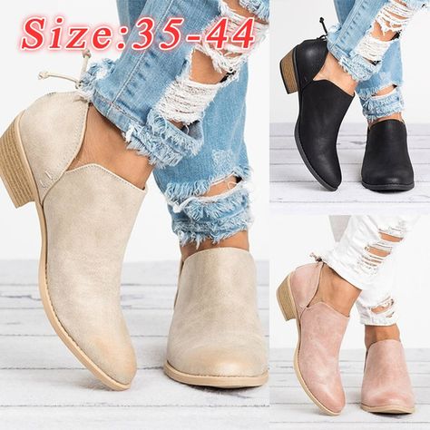 Womens Low Heels, Low Heel Ankle Boots, Flat Ankle Boots, Women Boot, Boot Fashion, Pu Boots, Casual Ankle Boots, Chunky Heel Shoes, Short Boot