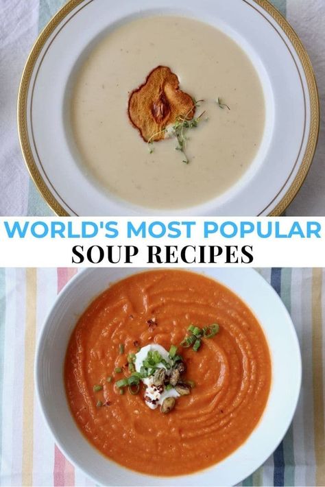 Looking for the top 10 best ever most popular soups in the world? Our comprehensive recipe guide features quick & easy homemade soups inspired by our culinary travels in Latin America, Europe, Africa, Asia and the Middle East. Soup and stew is the best healthy, low calorie lunch or dinner idea for families looking to enjoy comfort foods. Our recipes can be made in crock pots, slow cookers, Instant Pot or over the stove in a dutch oven. Many are healthy vegan, vegetarian and gluten free recipes. Worlds Best Soup, Soups Of The World, European Soup Recipes, Healthy Low Calorie Lunch, Popular Soups, Soup Recipes Uk, Easy Homemade Soups, Easy Healthy Soup, Homemade Soups