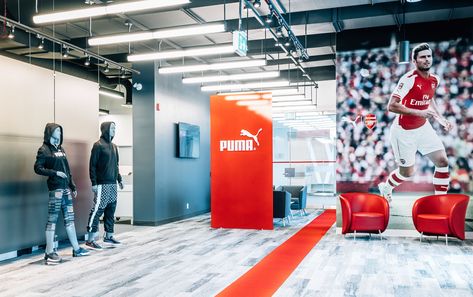 Puma Showroom, Airport Design, Storefront Design, Sport Shop, Puma Shop, Showroom Interior Design, Media Wall, Sports Shops, Store Fronts