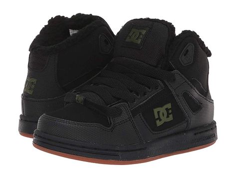 DC Kids Pure High-Top WNT (Little Kid/Big Kid) (Black/Black/Green) Boys Shoes. Kick his cold-weather woes to the curb with the skate-inspired DC Kids Pure High-Top WNT sneakers! Leather and synthetic uppers. Padded tongue and collar for all-day comfort. Molded TPR eyelet and lace-up closure for a secure and adjustable fit. Cushioned footbed. Sherpa lined interior for enhanced cold-weather comfort. Abrasion-resistant sticky rub #DCKids #Shoes #Athletic #Skate #Black Boys White Shoes, Green Boys, Swag Shoes, Swim Fashion, Dc Shoes, Shoe Closet, Animal Print Dresses, Dc Sneaker, Big Kid