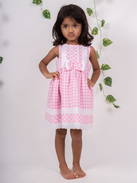 Pink checked lace designer soft cotton frock for girl kids SKU Code: GFC709 Cotton Frock Designs For Kids, Cute Frocks, Cotton Frock, Cotton Frocks For Kids, Frocks For Kids, Girls Cotton Dresses, Cotton Frocks, Frock Dress, Contemporary Clothing