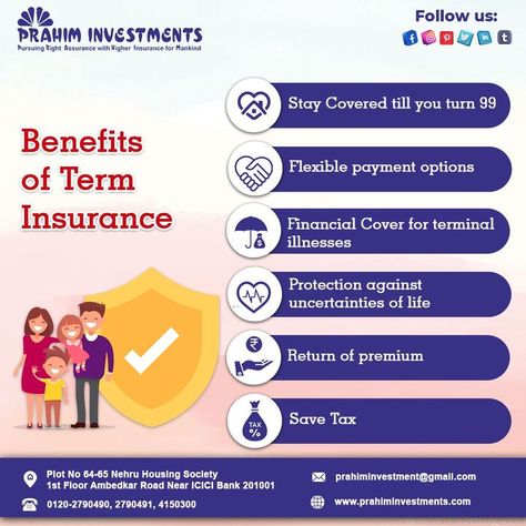 Benefit of Term Insurance 1. Stay Covered till you turn 99 2. Flexible payment options 3. Financial Cover for terminal illnesses 4. Protection against 5. uncertainties of life 6. Return of premium 7. Save Tax Send me a message or Call today If you have Question Ask us : 0120-2790491, 0120-2790490 #PrahimInvestment #PrahimInvestments #insurancequote #insuranceagents #incomeprotection #terminsurance #wealth #financialservices #disabilityinsurance Life Insurance Facts, Income Protection, Term Insurance, Icici Bank, Insurance Benefits, Income Tax Return, Terminal Illness, Insurance Agent, Tax Return