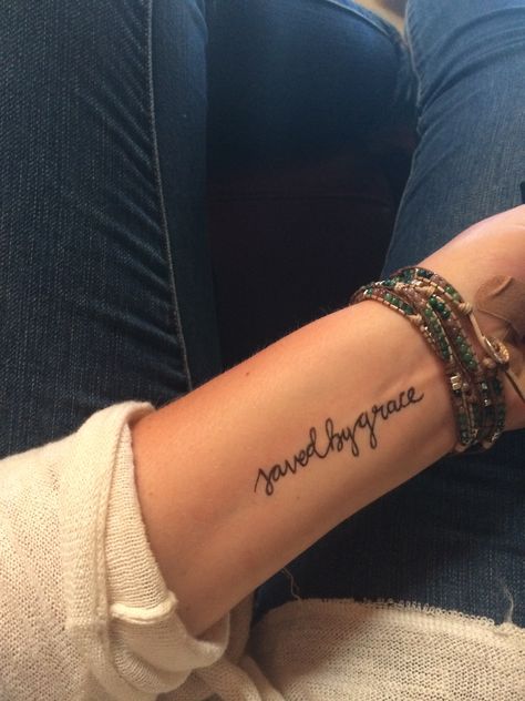 Saved By His Grace Tattoo, Side Arm Tattoos For Women Quotes Bible, Saved By Grace Tattoo With Cross, Tattoos About Grace, Grace Tattoo For Men, Give Grace Tattoo, By His Grace Tattoo, Amazing Grace Tattoo For Women, Saved By Grace Tattoos For Women