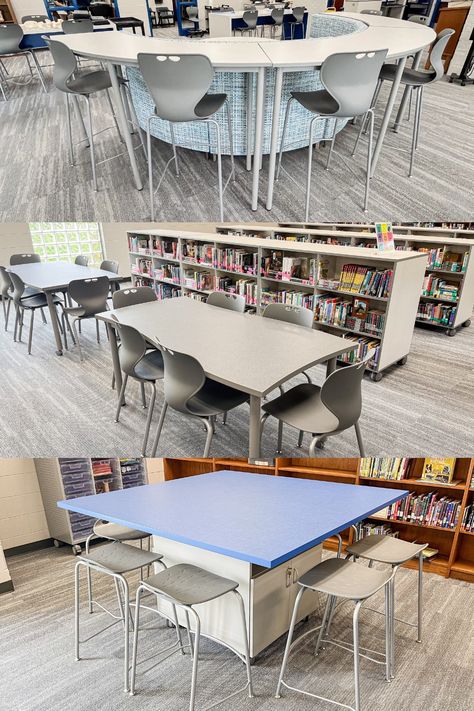 Cass Middle School Media Center renovation created a learning space that provides unique learning opportunities and is welcoming to students. #MiEN #schooldesign #learningspaces #learningenvironments #teachers #students #classroom #makerspace #innovation #schoolfurniture #cafeteria #design #teacherengagement #library #mediacenter Classroom Makerspace, Cafeteria Design, Space Projects, Center Ideas, Learn Crafts, School Furniture, Business Center, Business Centre, Learning Spaces