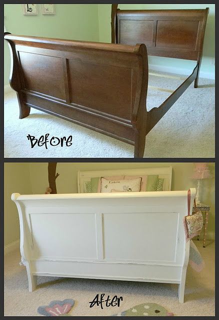 White painted sleigh bed. Maybe I'll do this when I get tired of my sleigh bed.. hmm. Painting Bed Frame White, Painting A Bed Frame, Painting Bed Frame, Sleigh Bed Makeover, Cherry Sleigh Bed, Sleigh Bed Painted, White Sleigh Bed, Cherry Bedroom Furniture, Cherry Bedroom