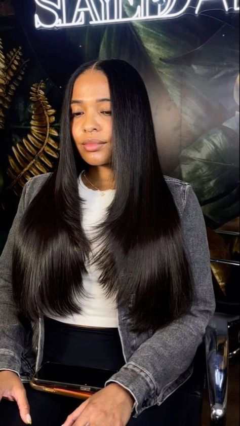 Long Black Sew In Straight, 30 Inch Middle Part Wig, Long Layered Weave Sew Ins, Long Layered Sew In Weave, Layered Hair Weave Sew Ins Black Women, Layered Hair Sew In, Weave Leave Out, Middle Part Sew In Layers, Middle Part Wig With Layers