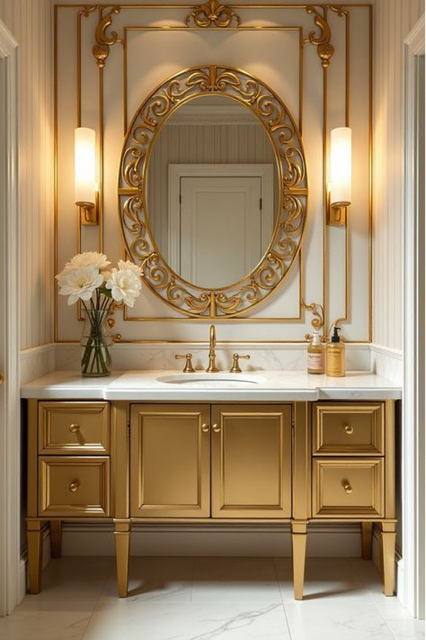 Glamorous art deco powder room with gold vanity and geometric wallpaper Luxurious Powder Room, Art Deco Powder Room, Vintage Glam Bathroom, Powder Room Vanities, Modern Powder Room, Royal Bathroom, Bathroom Vanity Style, Bathroom Vanity Designs, Traditional Vanity