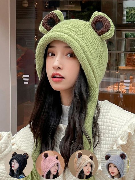 1pc New Stylish Multipurpose Casual High-Quality Cute Frog Knitted Ear Protection Beanie Hat For Outdoor Use, Windproof & WarmI discovered amazing products on SHEIN.com, come check them out! Basil Pfp, Frog Hat, Funky Hats, Cute Beanies, Beanie Hats For Women, Warm Beige, Cute Frog, Winter Cap, Ear Protection