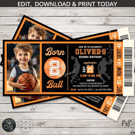 Born Two Ball, Basketball Invitations, Birthday Ticket, Ball Basketball, Basketball Theme, Basketball Birthday, Ball Birthday, Ball Games, Party Stationery