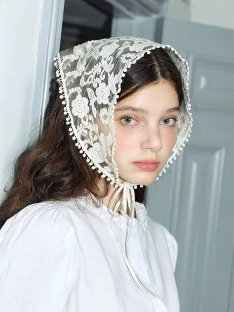 White Casual,Boho Collar  Polyester Plain  Embellished   Women Accessories White Head Scarf Aesthetic, Lace Headscarf, Lace Headband, Knit Hair Accessories, Lace Scarf Outfit, White Scarf, Dramatic Clothes, Lace Hair Accessories, Scarf Aesthetic