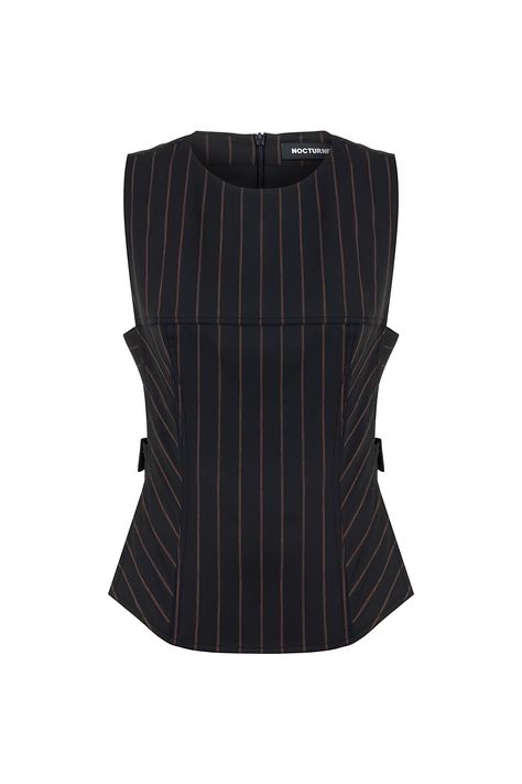 This breezy top features slim vertical stripes and a classic fit, complete with a crew neck. It has a slim fit, is lined, and includes a concealed zipper closure at the back. The design is sleeveless, with a self-fabric eyelet belt, creating a stylish striped blouse. Dry clean Material:63% Polyester, 34% Viscose, 3% Elastane Sleeveless Officially licensed Imported Brand: Nocturne Model Product Size: S/M Model Size: Height 5'10 / Bust 29.5 in / Waist 23 in / Hips 34 in Runs smaller order one size up. Please check the size chart before placing your order. Eyelet Belt, Blouse Nordstrom, Vertical Stripes, Striped Blouse, Independent Designers Fashion, Black Media, S Models, Black Blouse, Clothes For Sale