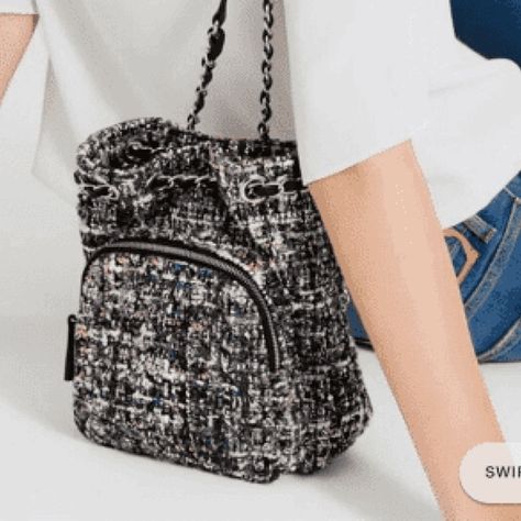 Zara Mini tweed backpack Tweed Backpack, Zara Handbags, Zara Mini, Chanel Inspired, Air Pods, Mini Backpack, Front Pocket, Straw, Chanel