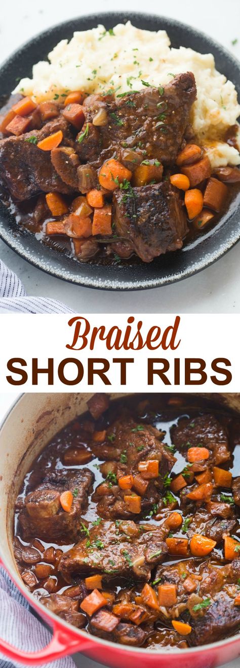 The EASIEST fall-off-the-bone Braised Short Ribs! Tender cooked ribs in a delicious, rich sauce, served over creamy mashed potatoes. All cooked in just one pot!| Tastes Better From Scratch Braised Short Ribs Recipe, Tastes Better From Scratch, Short Ribs Recipe, Short Rib, Braised Short Ribs, Slow Cooked Meals, Braised Beef, Beef Short Ribs, Beef Ribs