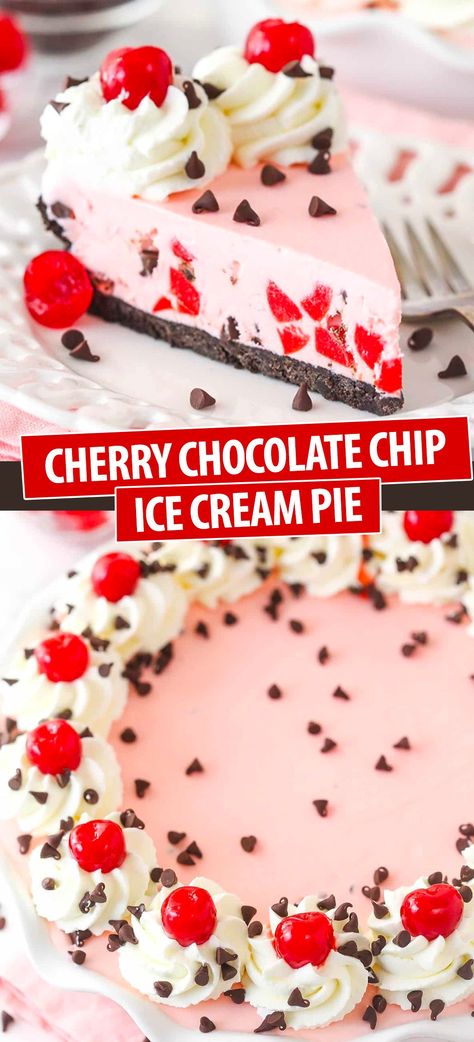 This cherry chocolate chip ice cream pie has a creamy cherry no-churn ice cream filling with mini chocolate chips and cherry chunks! It’s all set in an Oreo crust and topped with fluffy whipped cream. The perfect refreshing summer treat! Ice Cream Pie Recipes, Cherry Ice Cream Pie, Chocolate Chip Ice Cream Pie, Cherry Ice Cream Cake, Cherry Chocolate Chip Ice Cream, Chocolate Cherry Ice Cream, Cool Whip Pies, Oreo Pie Crust, Ice Cream Pie Recipe