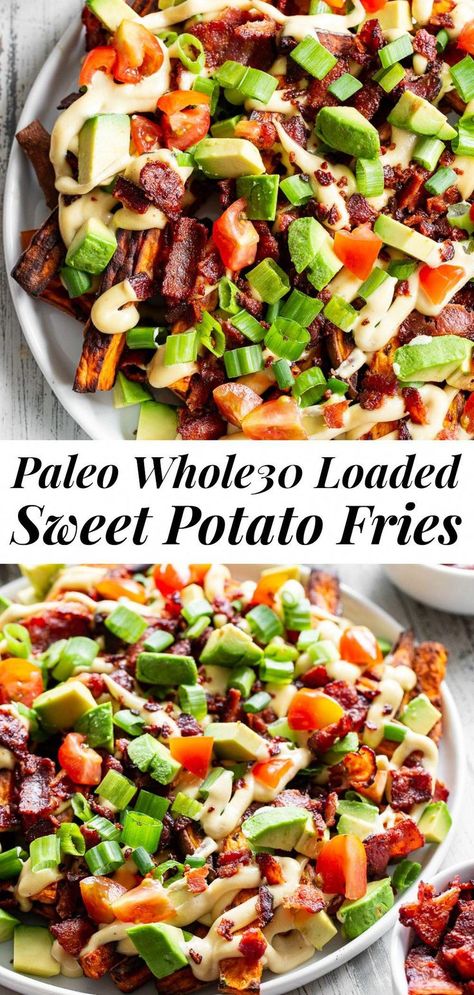 Loaded Sweet Potato Fries, Paleo Running Momma, Sweet Fries, Paleo Appetizers, Sweet Potato Waffles, Loaded Sweet Potato, Dairy Free Cheese, Potato Fries, Paleo Snacks