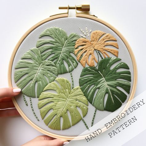 Monstera Pattern, Plant Embroidery, Water Soluble Paper, Art Fil, Stitches Embroidery, Hand Embroidery Projects, Art Tropical, Thread Art, Tropical Leaf