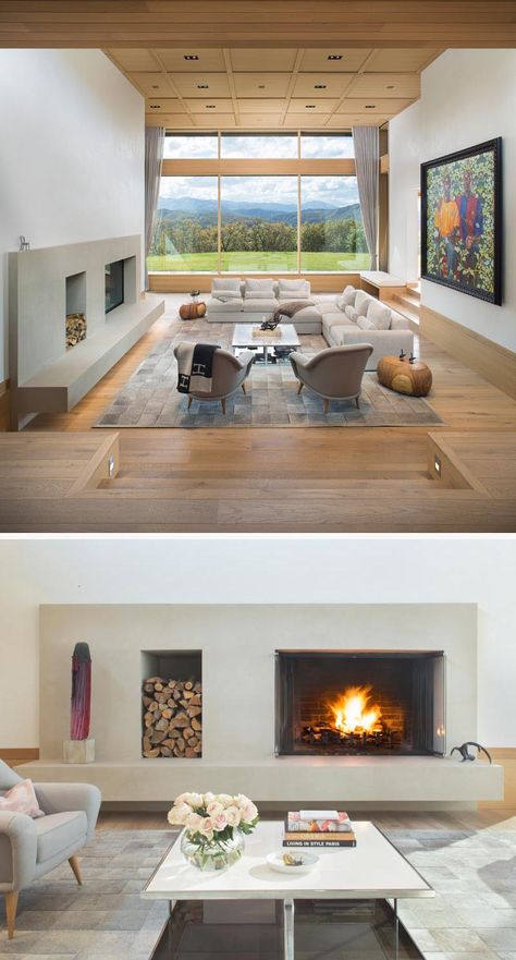 This modern living room is stepped down slightly from the entryway and kitchen. Large windows immediately provide uninterrupted views of the mountain landscape, while the furniture is focused on the wood-burning fireplace. #LivingRoom #SunkenLivingRoom #Fireplace #Windows Paris Living Rooms, Sunken Living Room, Modern Renovation, Aspen Colorado, Design Room, Colorado Homes, Living Room Remodel, Living Room Accents, Sense Of Place