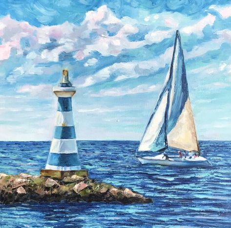 Sailing and Lighthouse Painting by Irina Reznichenko | Saatchi Art Sailboat Art Painting, Sailboat Painting Acrylic Easy, Light House Paintings Easy, Sailboat Painting Acrylic, Sail Boat Paintings On Canvas, Lighthouse Artwork, Three Canvas Painting, Screen Pictures, Painting Lighthouse