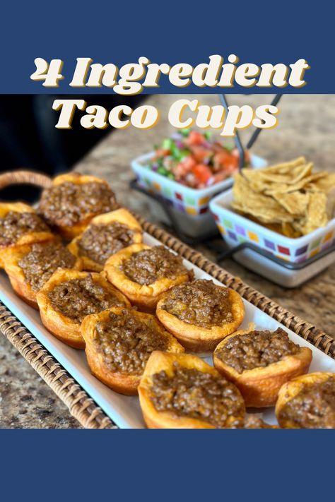 With only 4 simple ingredients, everyone in the family will be raving about these easy, make-ahead, hand held Taco Cups! Easy Hand Held Lunches, Easy Hand Held Food, Hand Held Meals On The Go, Taco Muffin Cups, 4 Ingredient Appetizers, Easy Taco Cups, Appetizer With Taco Meat, Taco Meat Appetizer Recipes, Quick Summer Dinner Ideas Weeknight Meals Easy