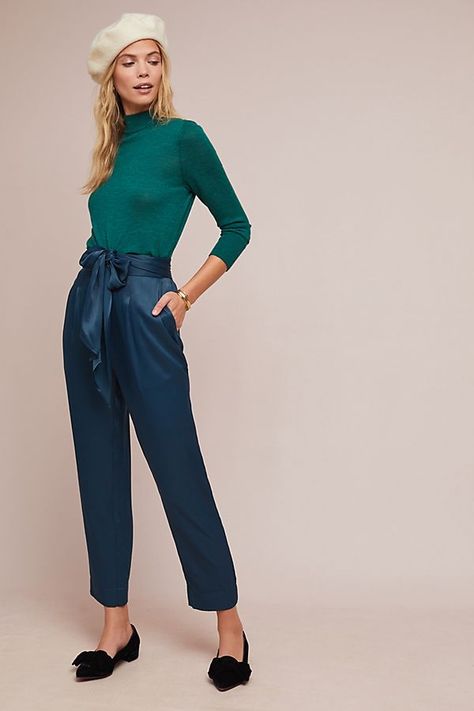 Audrey Mock Neck Knit Pullover | Cozy Sweaters Blue Satin Pants Outfit, Satin Pants Outfit Classy, Pants Outfit Classy, Blue Satin Pants, Satin Pants Outfit, Anthro Style, Outfit Office, Miranda Priestly, Hijabi Fits