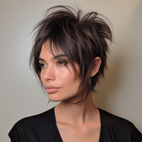 Trendy Short Length Haircuts 2023, Womens Long Pixie Haircut, Shag Bixie With Bangs, Womens Short Shag Haircut, Razor Haircuts For Women Short, Short Pixie Shag Haircut, Short Razor Cuts For Women, Choppy Hairstyles For Fine Hair, Razor Cuts For Women