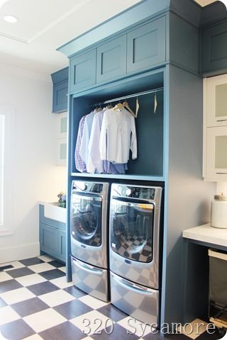 blue laundry with checkered floor Laundry Room Pantry, Checkered Floor, Laundry Room Storage Shelves, Laundry Room/mud Room, Pantry Laundry Room, Small Laundry Room Organization, Room Storage Diy, Laundry Ideas, Dream Laundry Room