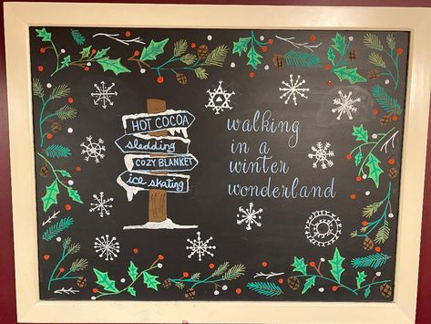 winter wonderland Starbucks Holiday Chalkboard Art, Christmas Coffee Shop Sign, Winter Blackboard Ideas, Starbucks Christmas Chalkboard, Starbucks Holiday Chalkboard, Barista Ideas, Window Advertising, Summer Chalkboard Art, Christmas Sandwiches