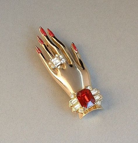 Adolf Katz Coro Friendship Hand Brooch by YearsAfter. Hand Brooch, Coro Jewelry, Figural Jewelry, Garnet Red, Vintage Jewels, Ancient Romans, Vintage Costume Jewelry, Vintage Jewellery, Clear Rhinestones