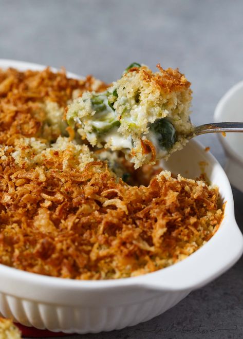 Roasted Brussels Sprouts Gratin with Garlic Crumble and Fried Onion Topping Brussel Sprout Casserole, Healthy Green Bean Casserole, Brussels Sprouts Gratin, Green Bean Casserole Easy, Roasted Brussels Sprouts, Green Bean Casserole, Bean Casserole, Roasted Brussel Sprouts, Slow Cooker Beef