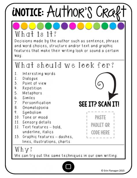 Author's craft anchor chart - free download and step-by-step directions for linking to Padlet to make a QR interactive anchor chart! Authors Craft, Authors Purpose Activities, Interactive Anchor Charts, S Craft, Reading Anchor Charts, Authors Purpose, Author Studies, 4th Grade Reading, Teaching Ela